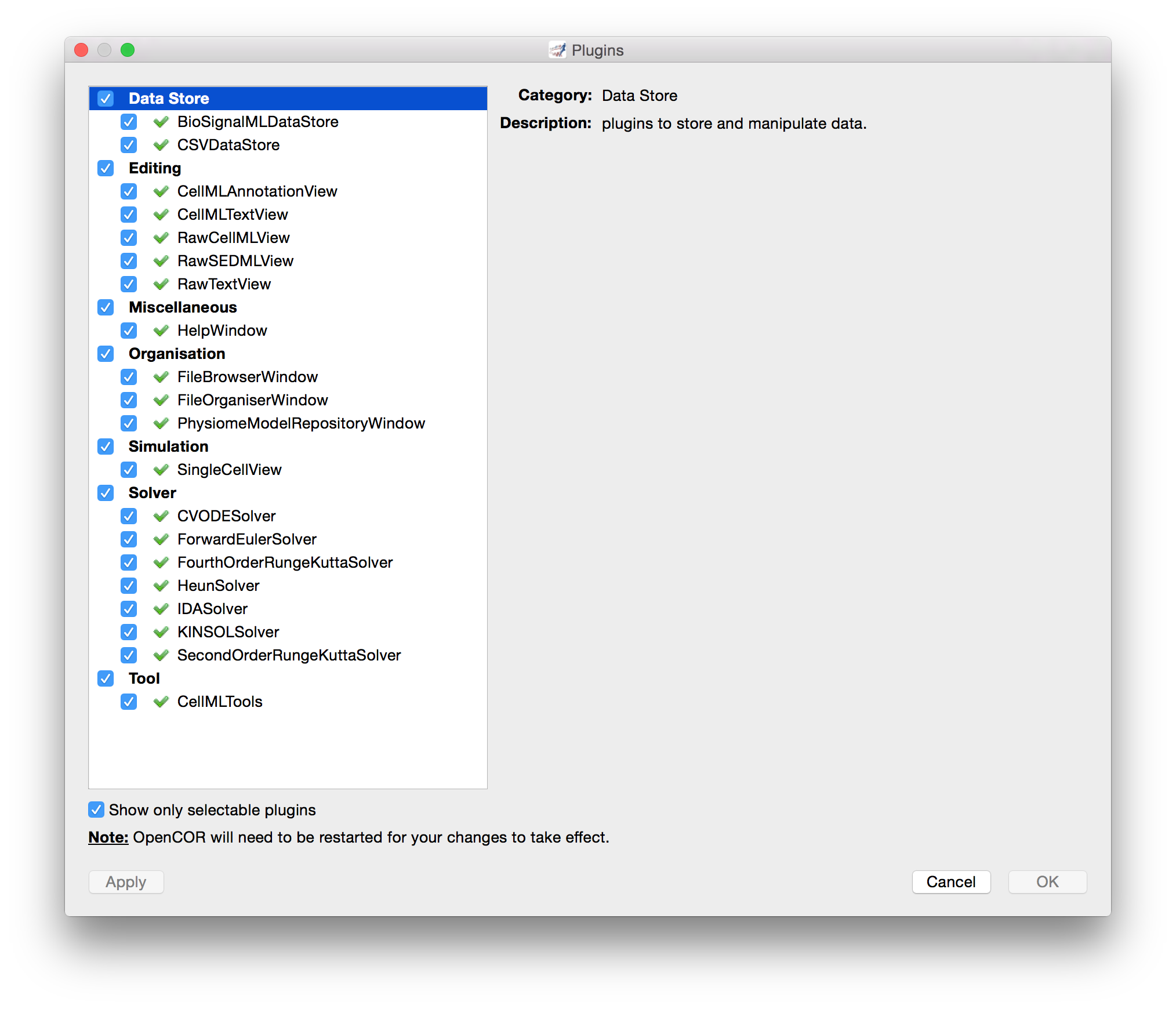 OpenCOR plugin menu